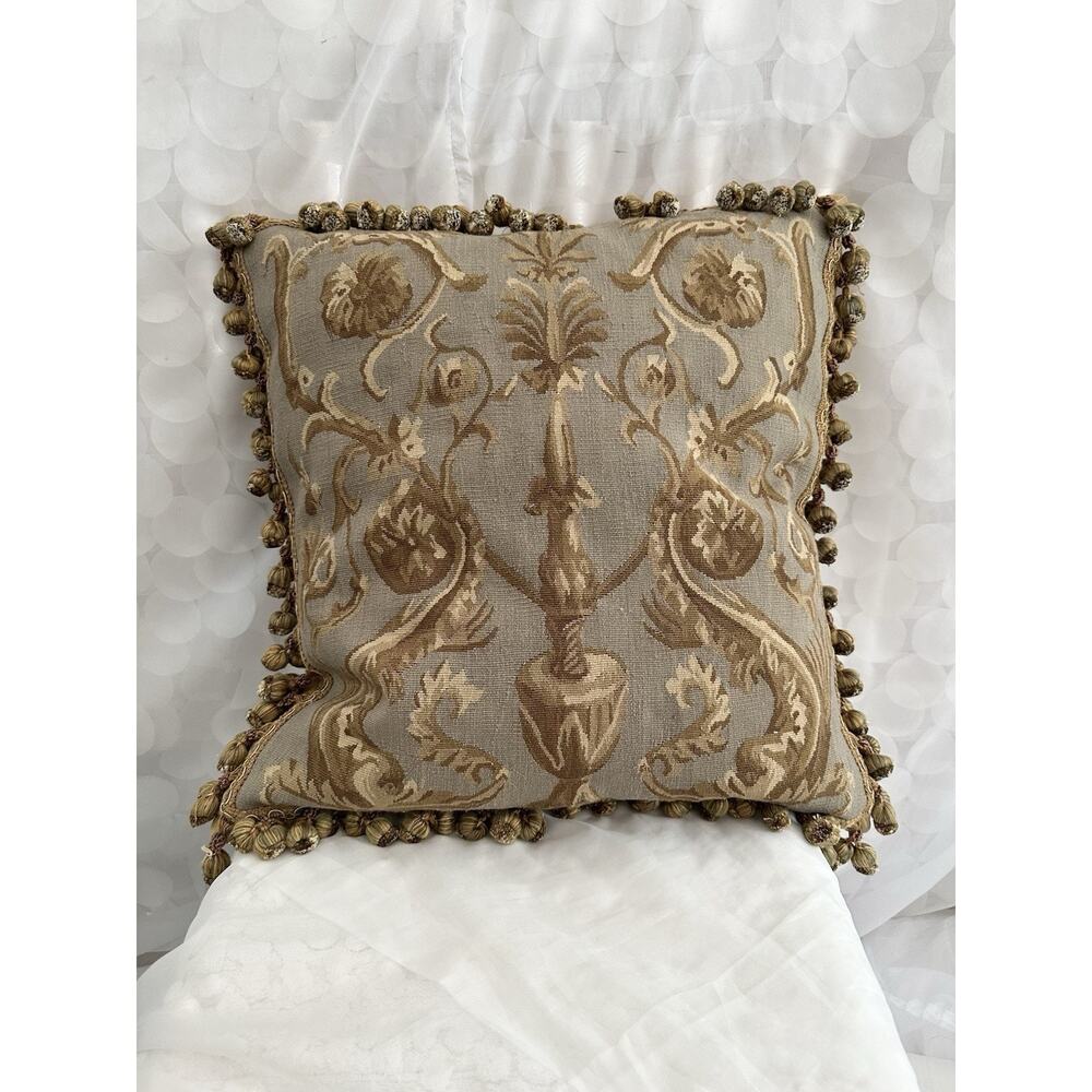 Vintage Aubusson Pineapple tapesty pillow Rococo Square Gold Grey Velvet 24”